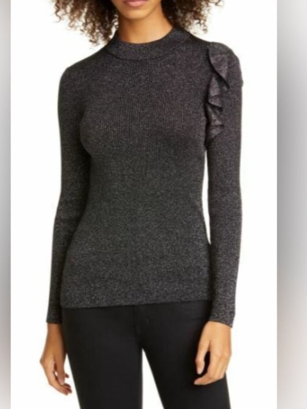 Ted Baker London Addale Ruffle Silk Lurex Knit Sweater in Metallic Gray Size XS